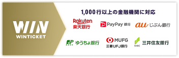 1000行以上の金融機関に対応 例：楽天銀行、PayPay銀行、auじぶん銀行、ゆうちょ銀行、三菱UFJ銀行、三井住友銀行